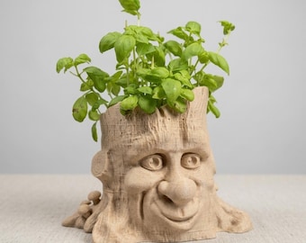 3D STL Flower Pot Model: Tree Stump Face (Digital File)