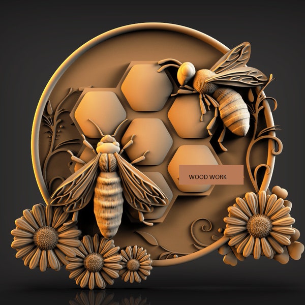 3d bee relief,bee wood art,3D stl model,wood working,cnc machine,wood relief,3d wall decor,cnc router file,stl for printing,stl for cnc