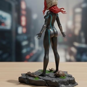 May include: A black figurine of a female figure with red hair and a helmet, wearing a black suit with blue accents. The figure stands on a rocky base with a skull and other debris. The background is blurred.