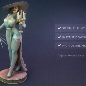 May include: A detailed 3D model of a character in a long dress and wide-brimmed hat, holding a candelabra. The figure stands on a round base. Text on the right indicates "3D STL FILE INCLUDED", "INSTANT DOWNLOAD", and "HIGH DETAIL MODEL".