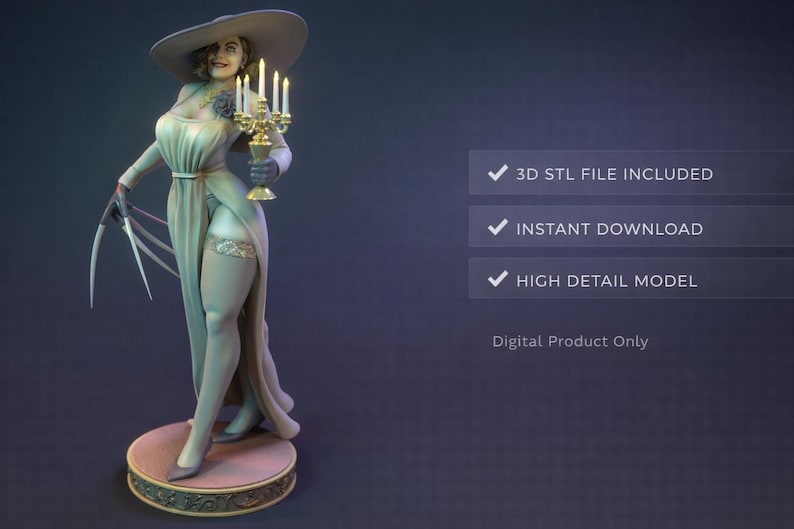 May include: A detailed 3D model of a character in a long dress and wide-brimmed hat, holding a candelabra. The figure stands on a round base. Text on the right indicates "3D STL FILE INCLUDED", "INSTANT DOWNLOAD", and "HIGH DETAIL MODEL".