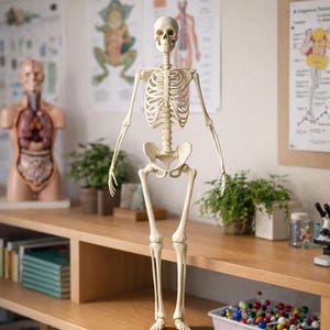 May include: A life-size, off-white plastic human skeleton model stands on a wooden shelf. The model is in a neutral pose, with arms at its sides. Educational posters and anatomical models are in the background, suggesting a science or medical theme.