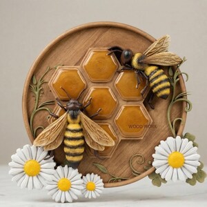 Bee Honeycomb Wood Carving Art, 3D Wall Decor (Digital Download)