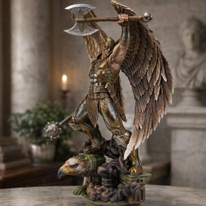 Puede incluir: Estatua detallada de un guerrero alado con armadura de bronce y oro, sosteniendo un hacha de doble filo. La figura se alza sobre una base con una cabeza de águila, con grandes alas marrones detalladas. La estatua está en un interior clásico.