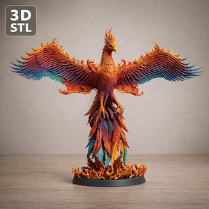 May include: A detailed, colorful phoenix sculpture with outstretched wings, featuring shades of orange, red, and blue. The sculpture is mounted on a black base with flames. The text "3D STL" is in the upper left corner.