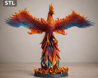 May include: A detailed, colorful phoenix sculpture with outstretched wings, featuring shades of orange, red, and blue. The sculpture is mounted on a black base with flames. The text "3D STL" is in the upper left corner.