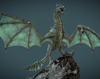 May include: A detailed sculpture of a dragon with outstretched wings. The dragon is primarily green with teal-colored wings and yellow accents. It is perched atop a rocky surface against a dark background.