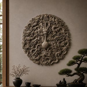 May include: A circular, beige wall sculpture featuring a detailed relief of multiple dragons. The dragons are intricately carved, surrounding a central design element. The artwork is mounted on a neutral-toned wall, with a bonsai tree and other decorative elements in the foreground.