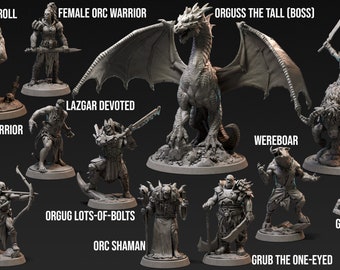 Op de afbeelding: Een verzameling van 12 ongeverfde miniatuurfiguurtjes, waaronder een troll, een vrouwelijke orc-strijder, een orc-strijder, een orc-boogschutter, een orc-sjaman, een draak, een weerwolf, een lazgarg toegewijde, een orgug lots-of-bolts, een grub the one-eyed, een goro en een auroch-ruiter.