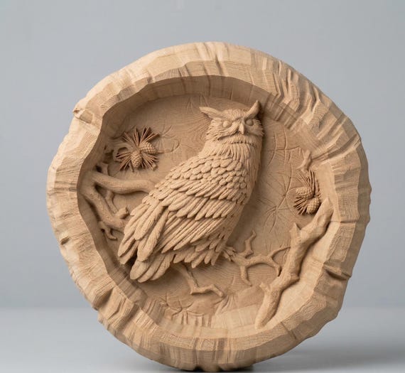 木彫り フクロウ 壁掛け レリーフ 3Dリアルなフクロウの彫刻レリーフ：CNC木彫りSTLモデル - Etsy 日本