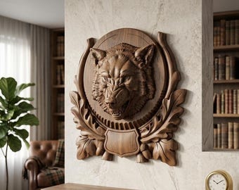 Wolf head 3D STL model, geometric wood decor CNC pattern, Wood Working Relief for Laser Cut