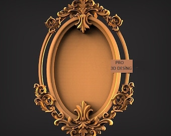 May include: A gold-colored, ornate, oval-shaped picture frame with intricate floral designs. The frame is made of wood and has a smooth, polished finish. The frame is empty and ready to be used to display a picture or artwork.
