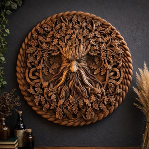 Könnte beinhalten: Runde Holzskulptur des Green Man mit einem Bart und Eichenblättern. Die hellbraune Schnitzerei ist von einem geflochtenen Rand umgeben. Das Kunstwerk befindet sich vor einem dunklen Hintergrund und ist ein dekoratives Element.