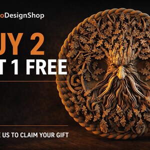 May include: Circular, intricately carved wooden wall art featuring a tree of life design. The artwork is surrounded by a rope-like border. The image includes the text "BUY 2 GET 1 FREE" and the shop's logo.