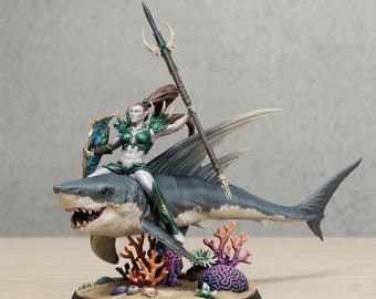 3D Warrior Riding Shark STL Model: Fantasy Figure (Digital File)