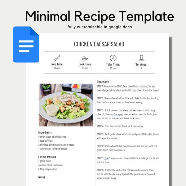 Recipe Template | Cookbook Template | Recipe Google Docs | Recipe Book Template | Recipe Binder | Minimal Recipe | Editable Recipe Printable