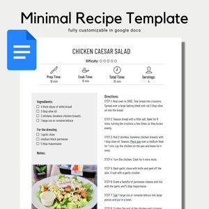 Plantilla de receta / Plantilla de libro de cocina / Receta Google Docs / Plantilla de libro de recetas / Carpeta de recetas / Receta mínima / Receta editable imprimible