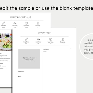 May include: Two-page recipe template with a Chicken Caesar Salad example. The left page shows a photo of the salad, ingredients, and prep time. The right page is a blank template with fields for recipe title, prep time, and instructions.