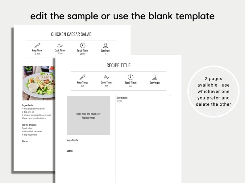 May include: Two-page recipe template with a Chicken Caesar Salad example. The left page shows a photo of the salad, ingredients, and prep time. The right page is a blank template with fields for recipe title, prep time, and instructions.