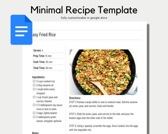 Recipe Template | Cookbook Template | Recipe Google Docs | Recipe Book Template | Recipe Binder | Minimal Recipe | Editable Recipe Printable
