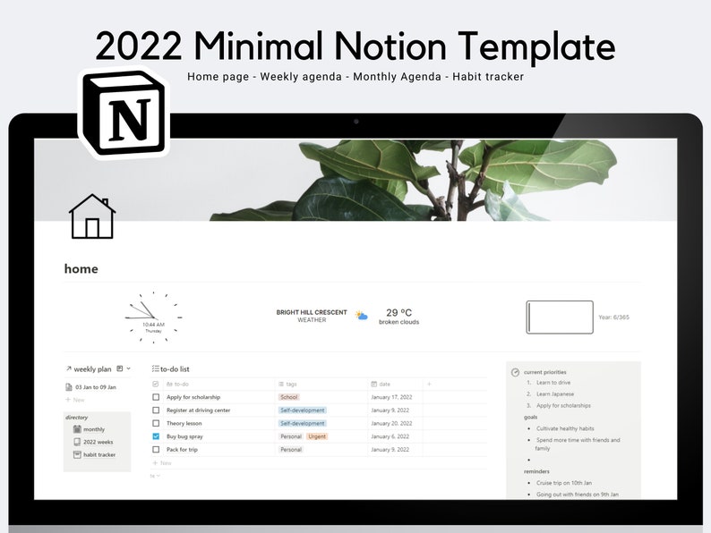 2022 Notion Template | Notion Dashboard | 2022 Digital Planner | Notion Templates | 2022 Weekly Planner 