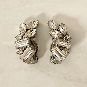Vintage Weiss Clear Crystal Rhinestone Climber Earrings, Mid Century Designer Earrings
