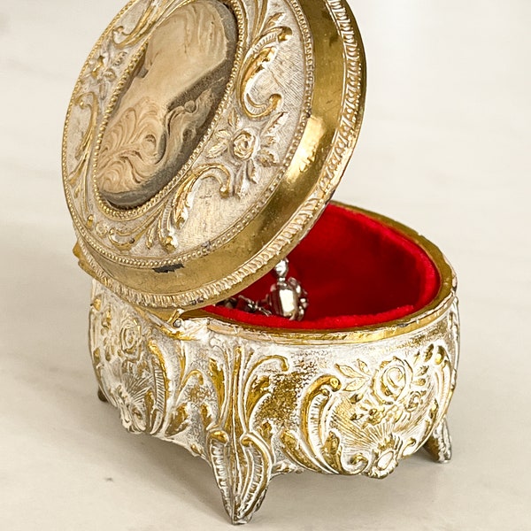 Vintage Cameo Jewelry Casket Made in Japan, Vintage trinket box, gold and white jewelry casket