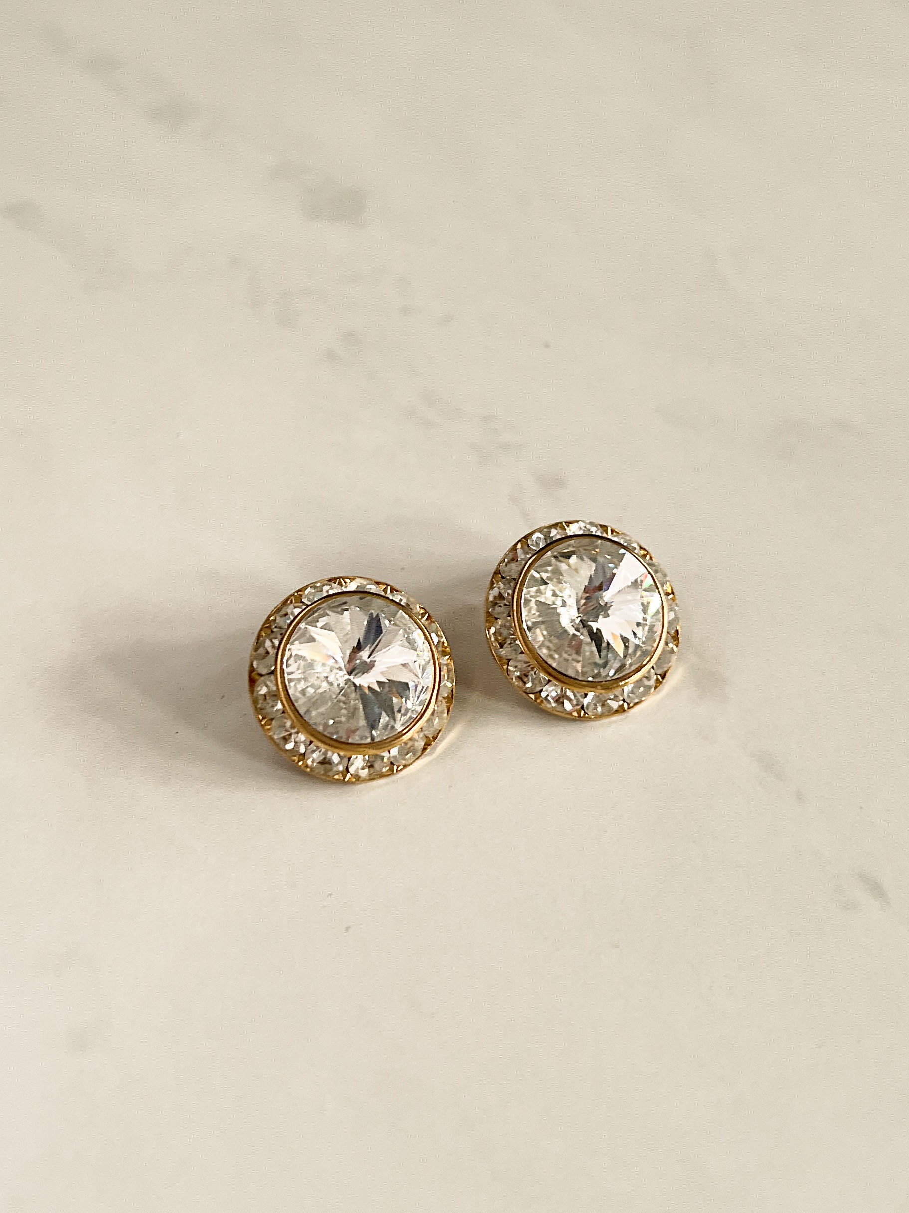 Vintage Crystal Rivoli Faceted Rhinestone Clip Earrings | Round Vintage Earrings | Designer Dupe Earrings