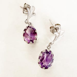 Vintage Art Deco 14K White Gold Amethyst Drop Earrings, European 585 Marked, Dainty Purple Gemstone Jewelry, Vintage Fine Jewelry