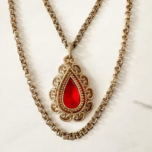 Vintage Avon Orange Teardrop Pendant Necklace – Gold Tone Filigree Double Chain, Avon Jewelry, Long Boho Necklace
