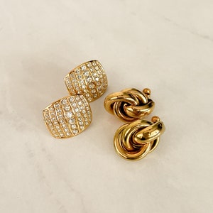 Vintage Napier Gold Knot Earrings & Gold Pavé Crystal Earrings Set