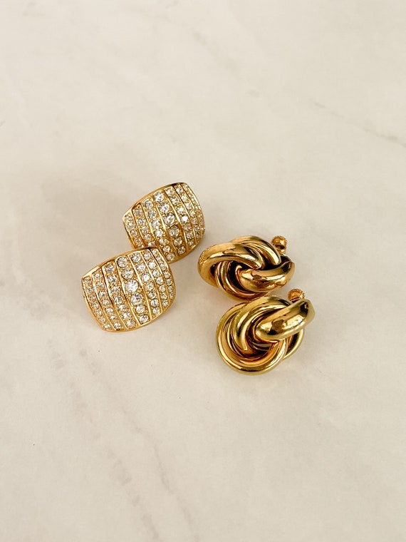 Vintage Napier Gold Knot Earrings & Gold Pavé Cry… - image 1