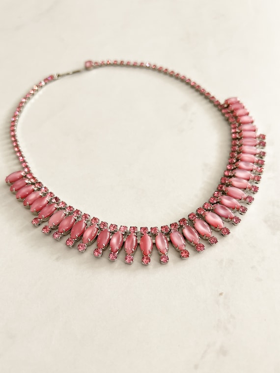 Vintage 50s Pink Moonglow Necklace, Pink Rhinesto… - image 1