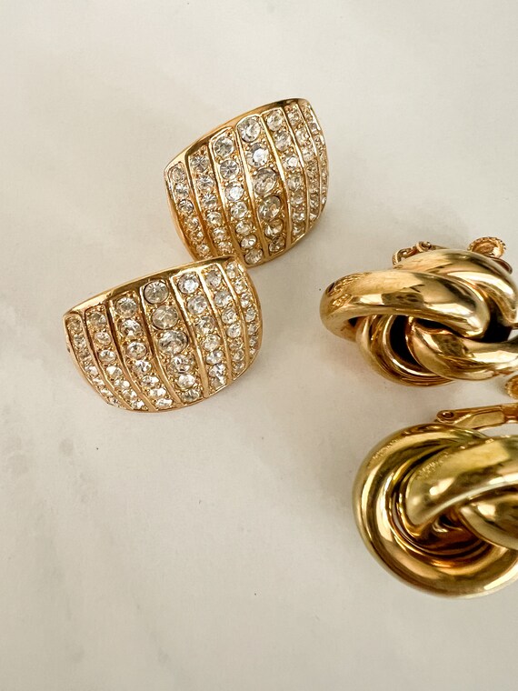 Vintage Napier Gold Knot Earrings & Gold Pavé Cry… - image 3