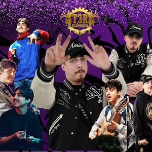 May include: A collage of young men, some wearing baseball caps with "Amiri" on them, others in jackets. The background is a purple gradient with the logo "T3R ELEMENTO". The image has a musical theme.