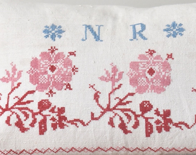 Vintage Hungarian Embroidered Cushion Cover. NR monogram.