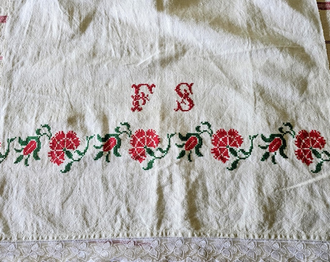 Pretty Vintage Embroidered Cloth/ Apron. F S monogram. 68 x 54 cm