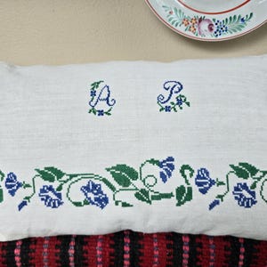 May include: White rectangular pillow with blue and green floral embroidery. The pillow features the embroidered letters "A" and "P" and a border of stylized flowers and leaves. The pillow is resting on a red and black patterned surface.