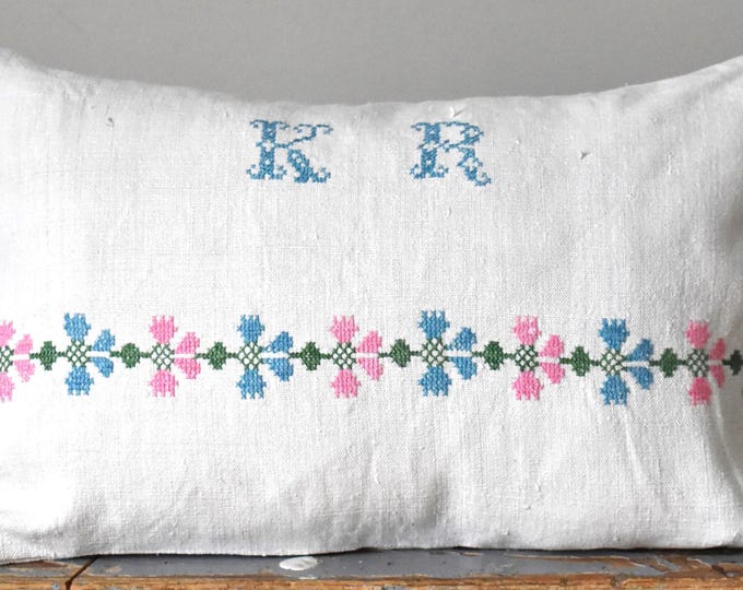 Vintage Hungarian Embroidered Cushion Cover KR monogram