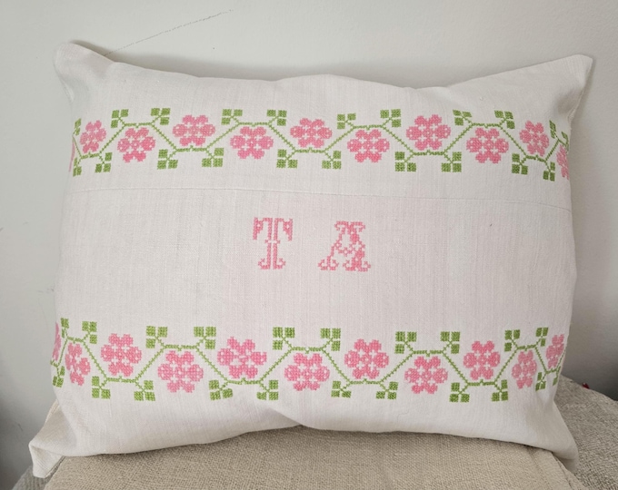 Cushion Cover from vintage Embroidered Cloth, TA monogram