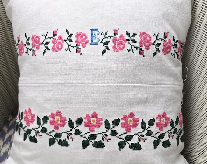 Cushion Cover from vintage Embroidered Cloth. E monogram