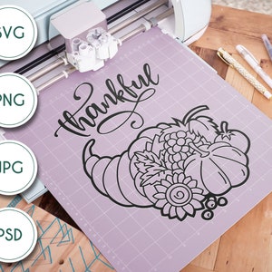 Bella Cornucopia con la line art di Thankful Quote - File digitale SVG ispirato all'autunno del Ringraziamento
