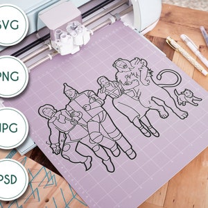 Dorothy, Tin man, Scarecrow, Lion & Toto on Yellow Brick Road line art - The Wizard of Oz Inspired SVG Digital file