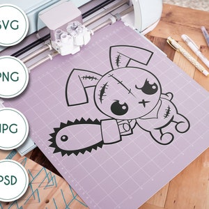Süßer Gruseliger Halloween Hase mit Kettensäge Line Art - Kawaii InspiriertE SVG Digitale Datei
