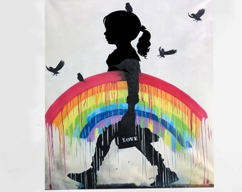 Arte de niña arcoíris amor enmarcado Wall Street pintura lienzo Graffiti impresión pájaros decoración moderna del hogar hecho en casa