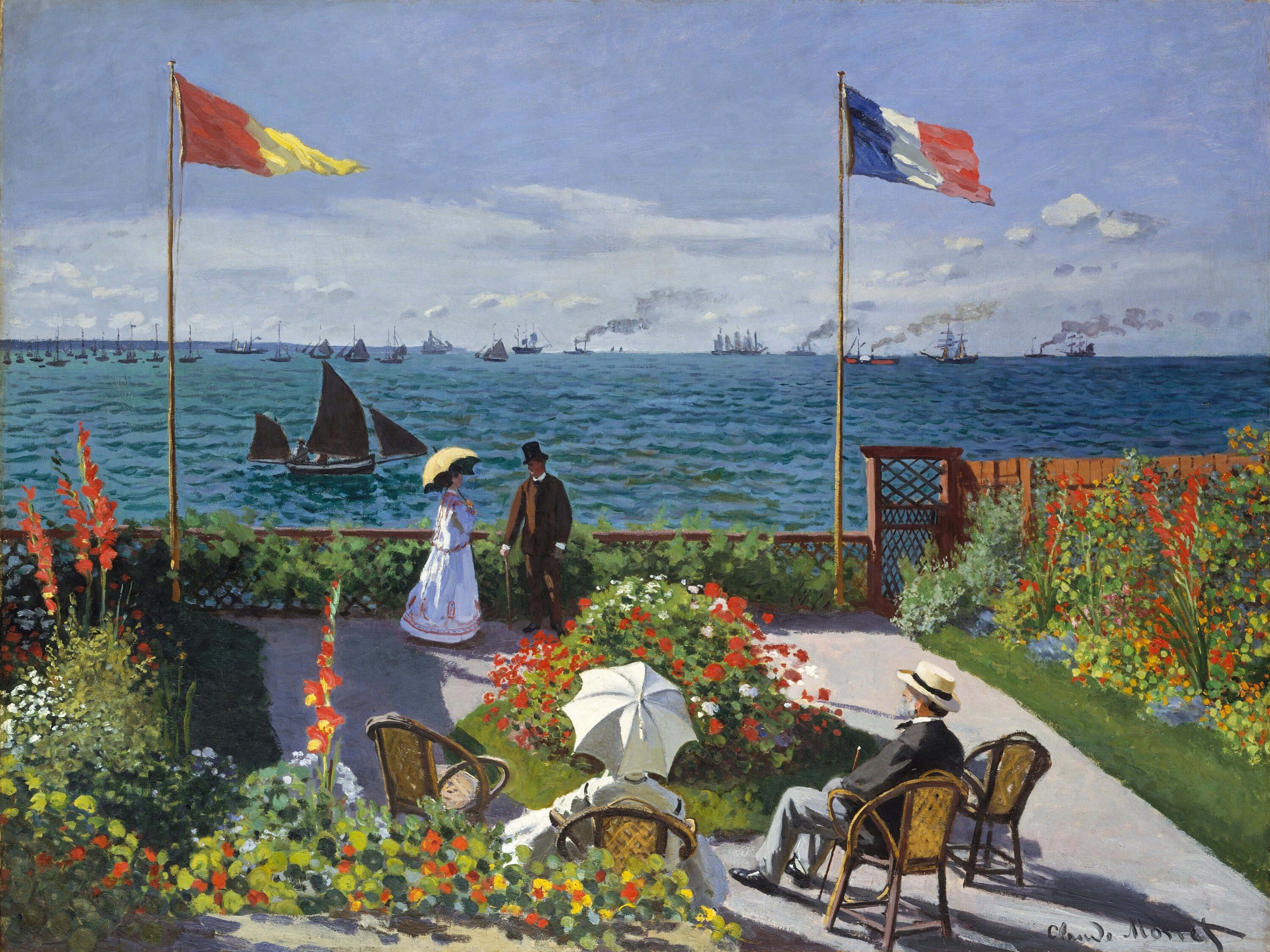 Framed Claude Monet Canvas Art painting Jardin Sainte Adresse, Vintage painting print, wall decor, homemade timber frame