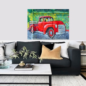 Framed canvas Art print, Vintage, Red Ford Truck, old Car Painting Print