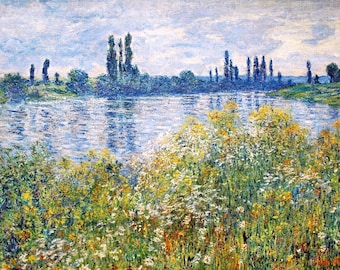 Framed Claude Monet Canvas Art painting flowers on the banks of the seine, Vintage painting print, wall decor, homemade timber frame