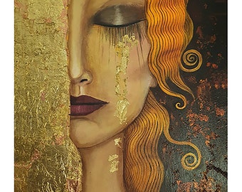Gustav Klimt, Vintage Framed Canvas, woman gold tears, art print, painting, wall decor