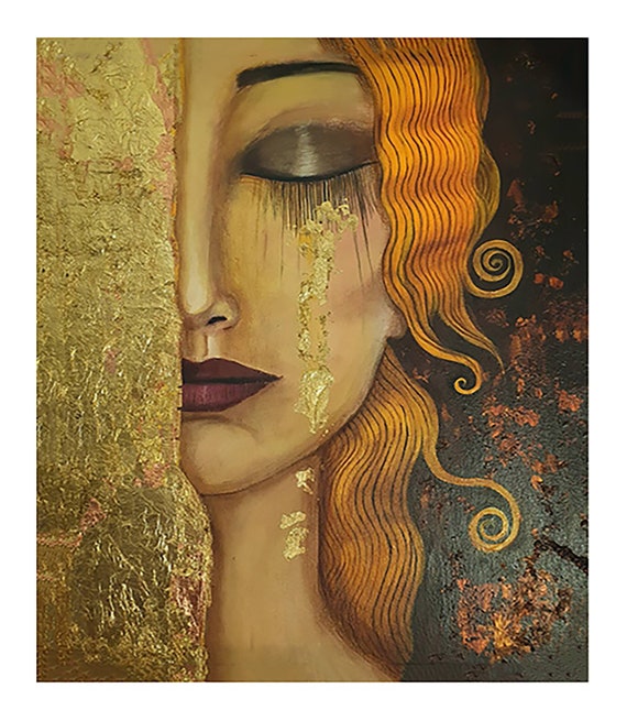 Gustav Klimt, Vintage Framed Canvas, Woman Gold Tears, Art
